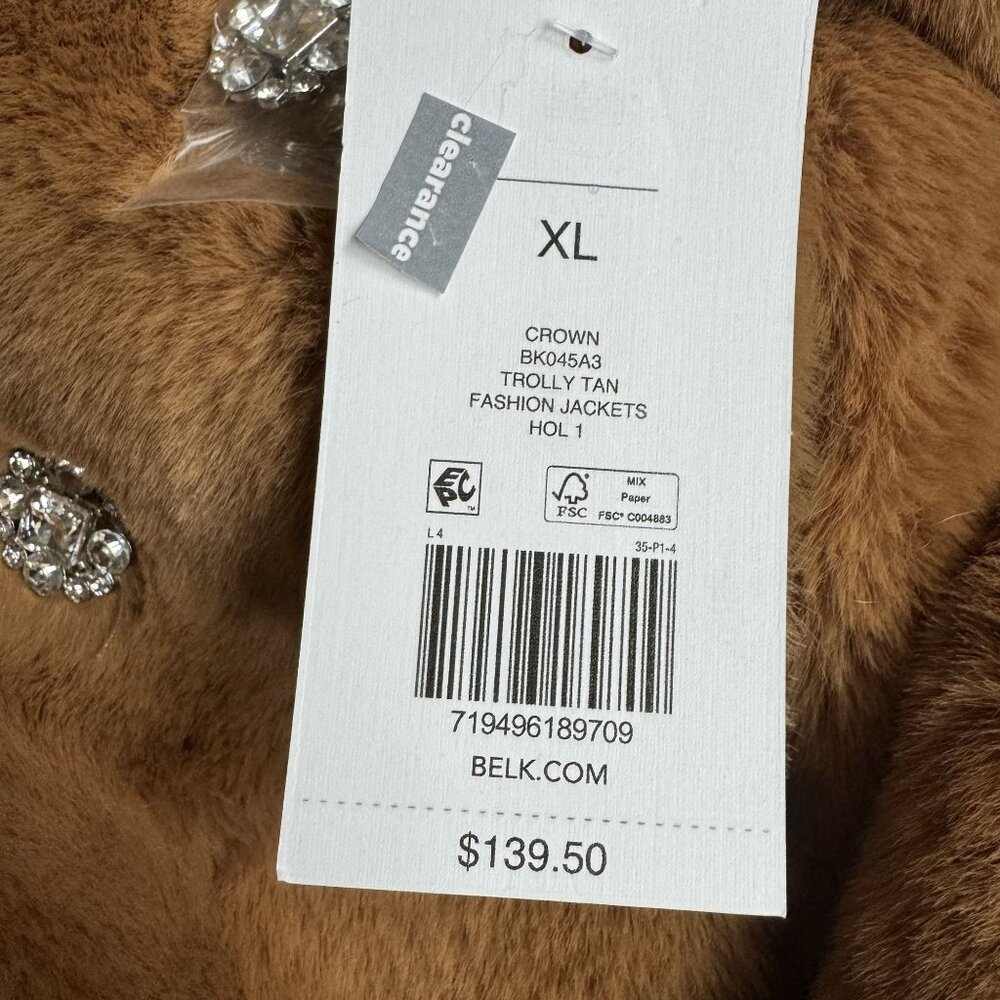 Crown & Ivy Faux Fur Teddy Bear Jacket Tan NEW XL Rhinestones Mobwife SOFT Boxy - Picture 6 of 9